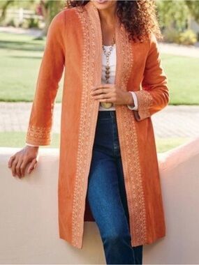 Soft Surroundings Women’s Rust Suede Embroidered Open Front Coat, Sz M. NWOT
